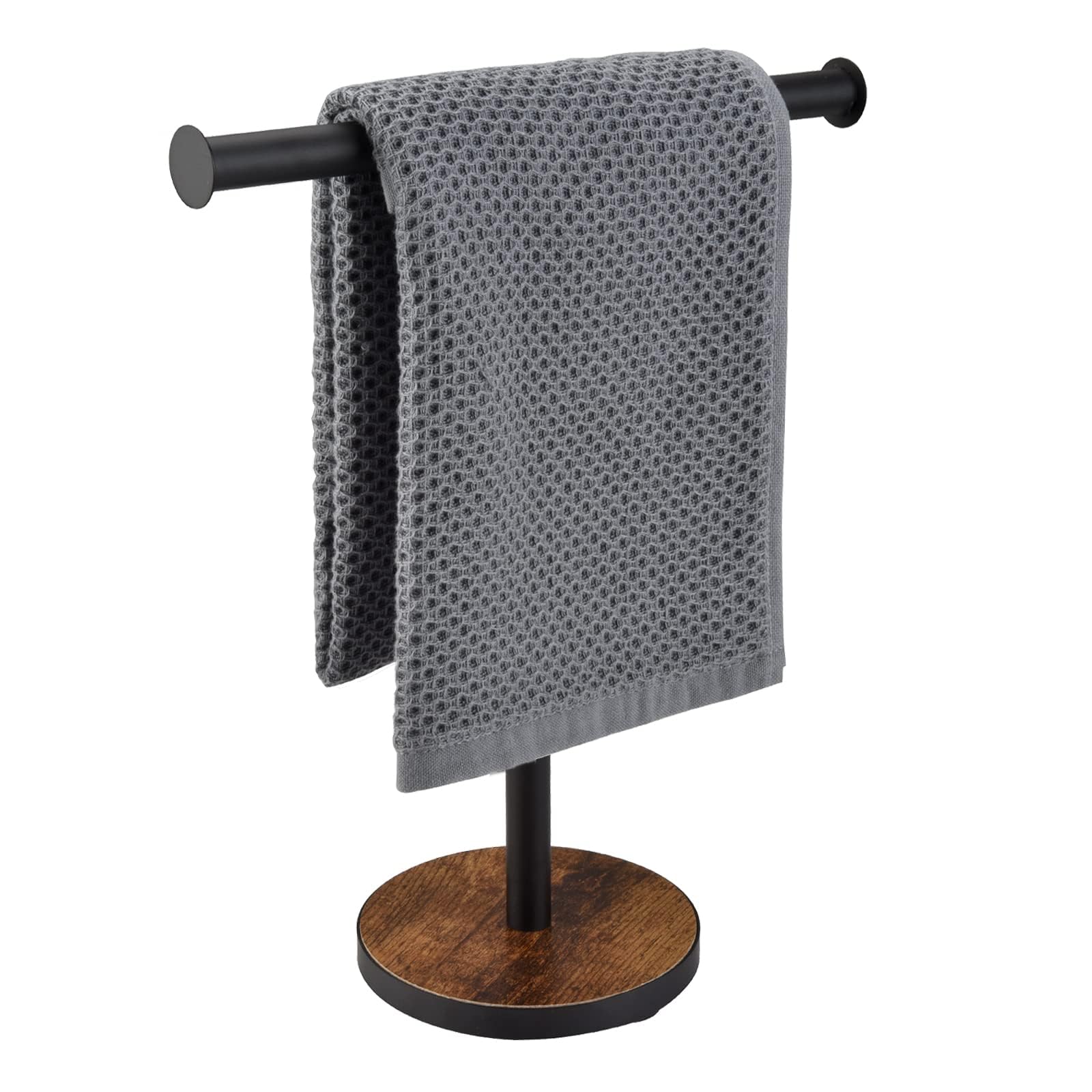 BCOZLUX Towel Holder Stand  Countertop Hand Towel Stand for Bathroom and Kitchen  Free Standing Counter Towel Rack with Weighted Wood Base  Rustic Black and Brown